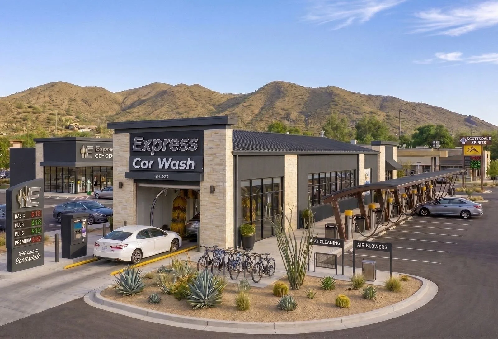 Exterior view of an Express Car Wash facility with multiple washing bays, a drive-thru, and a parking lot, located near desert landscaping, hillside mountains in the background, and signage displaying gas prices and services.