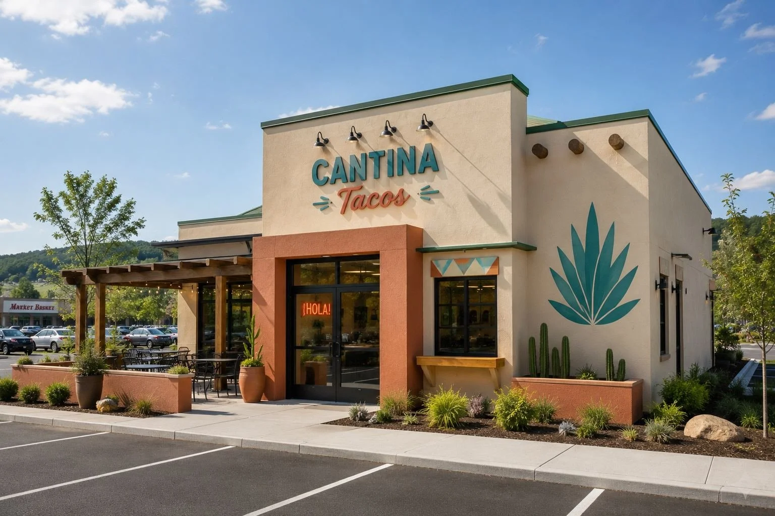 Exterior view of Cantina Tacos restaurant with a ranch-style design, desert landscaping, and a parking lot in the foreground.