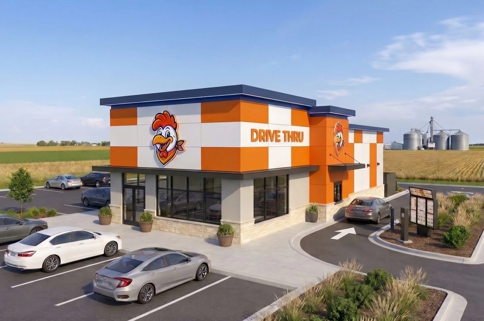 A modern chicken restaurant with a large cartoon chicken logo, orange and white checkered exterior, and a drive-thru window. Cars are parked in front and a menu board is visible.