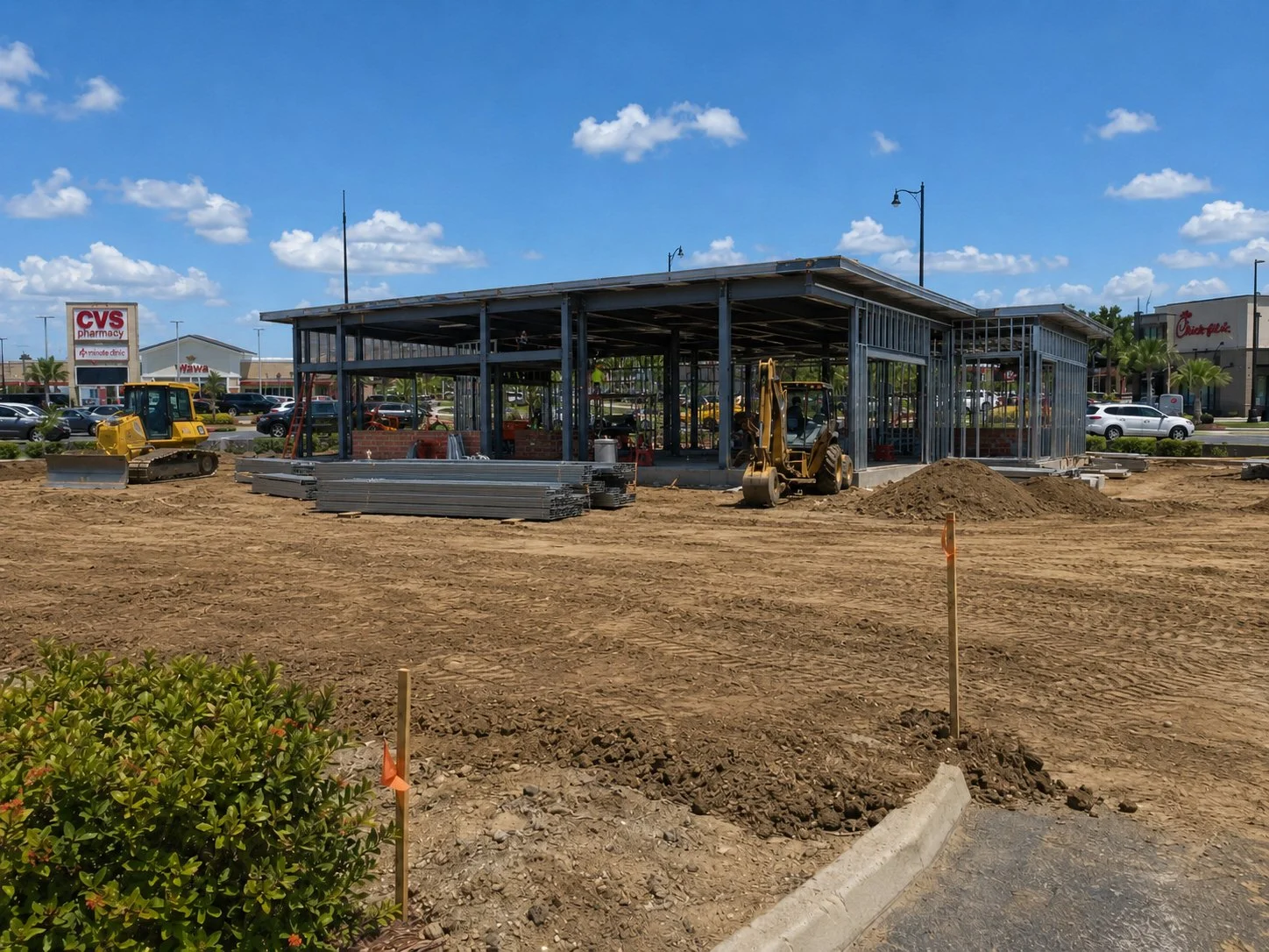 Construction site with a partially built structure, construction vehicles, and construction materials under a blue sky with scattered clouds.