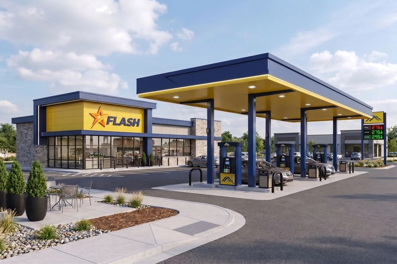 A modern gas station named Flash with multiple fuel pumps and a convenience store with glass windows, surrounded by a landscaped area with plants and parking lot.