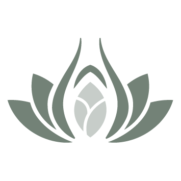 Stylized lotus flower logo with symmetrical petals in muted green and black.