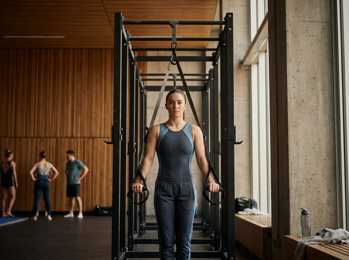 Client using suspension training rings during consultation
