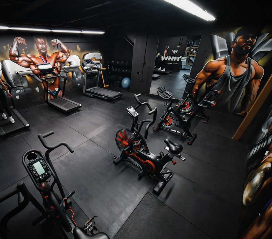 WNRS Circle Gym Burbank indoor cycling bikes and mural wall