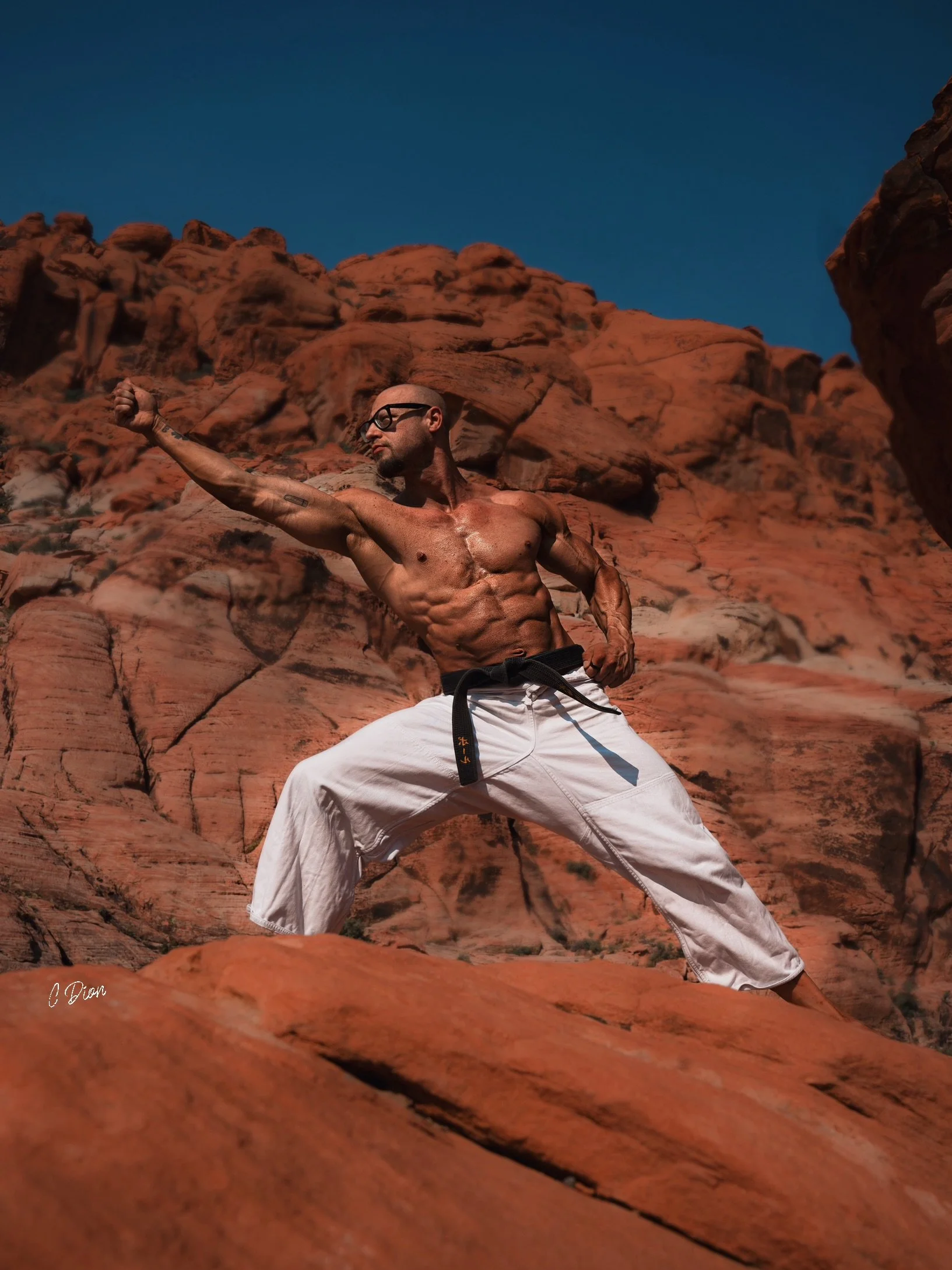 Stuart Paul posing at martial arts performance in desert