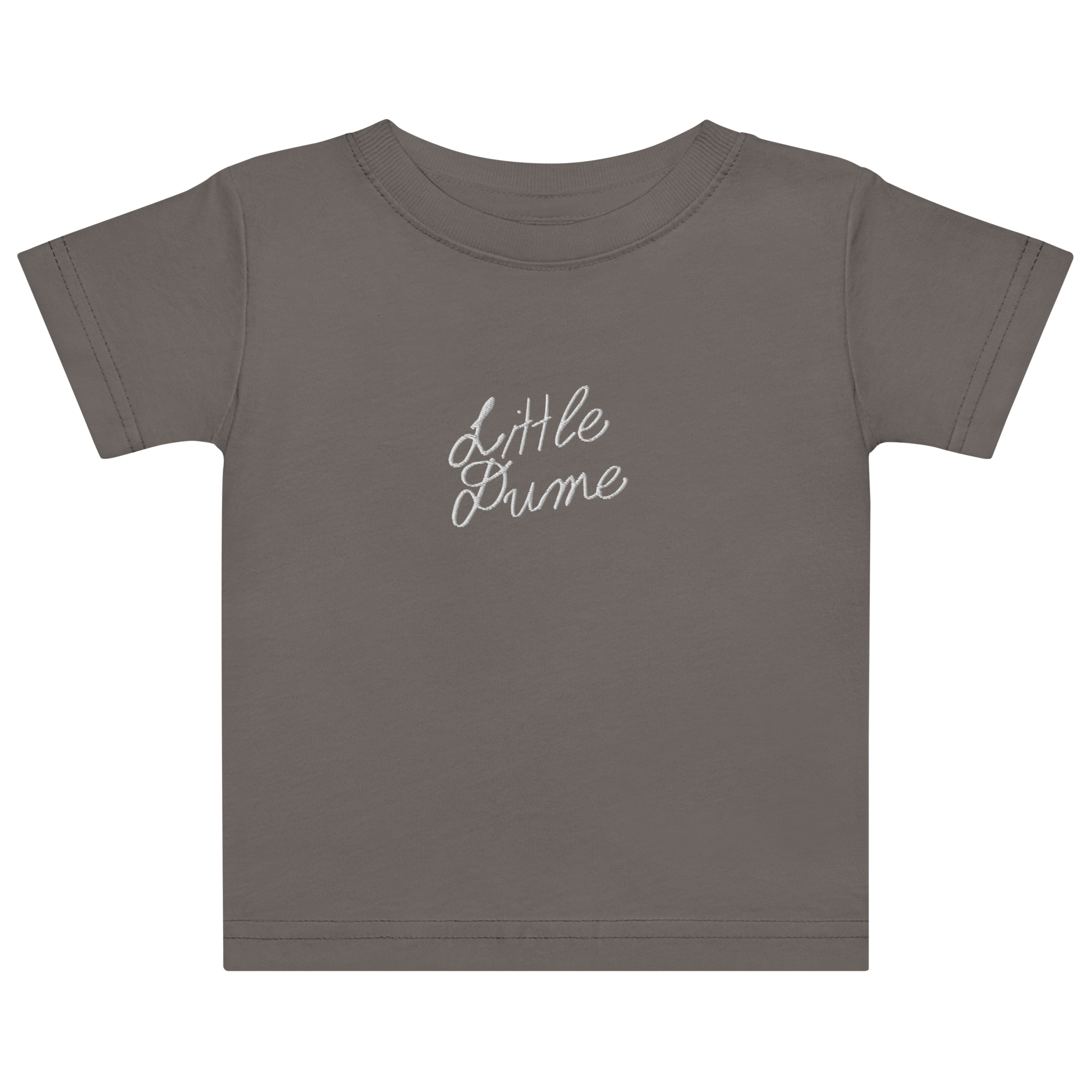 Gray toddler T-shirt with white embroidered text reading "Little Dume."