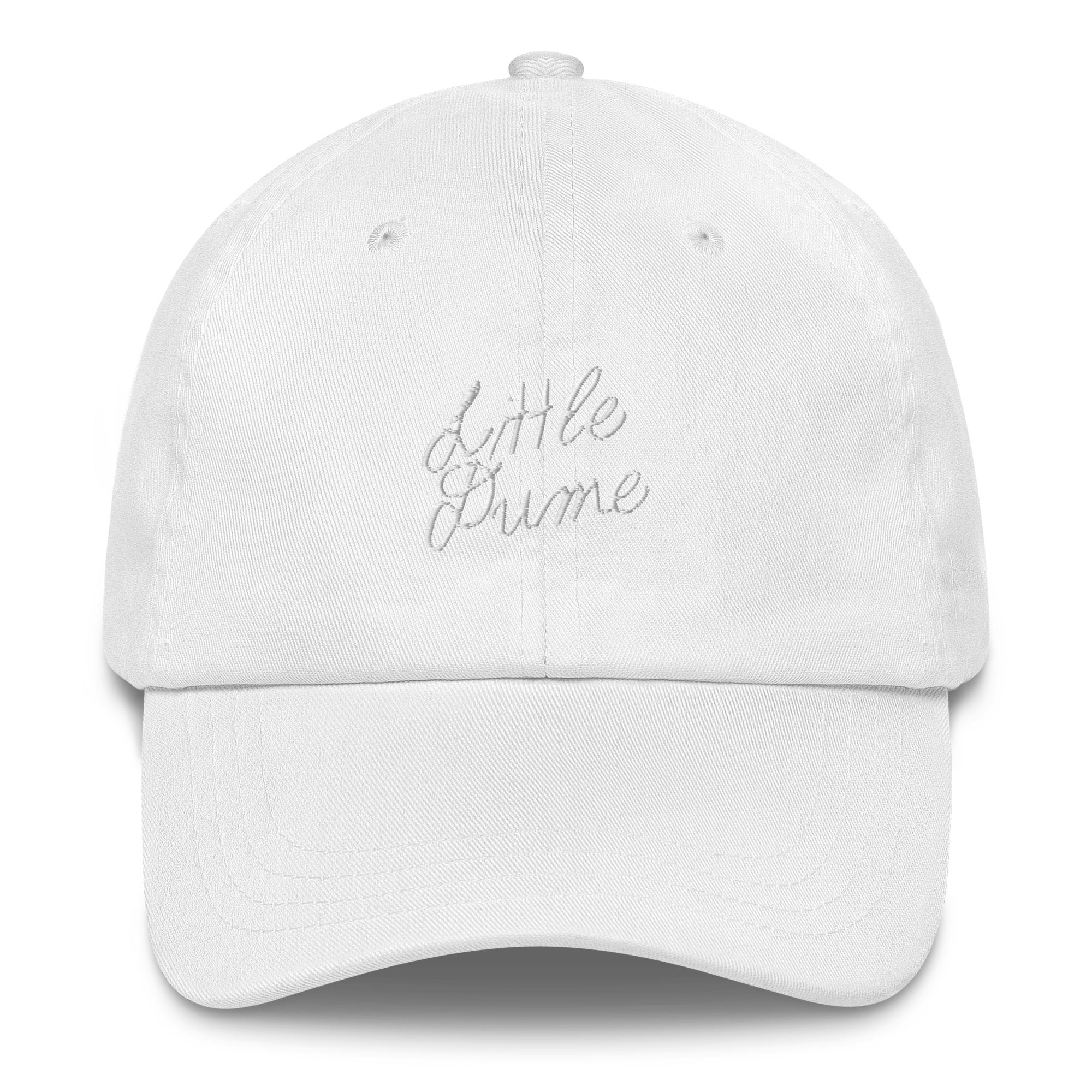 White baseball cap with embroidery reading 'attle' and partially visible underneath text, isolated on black background.