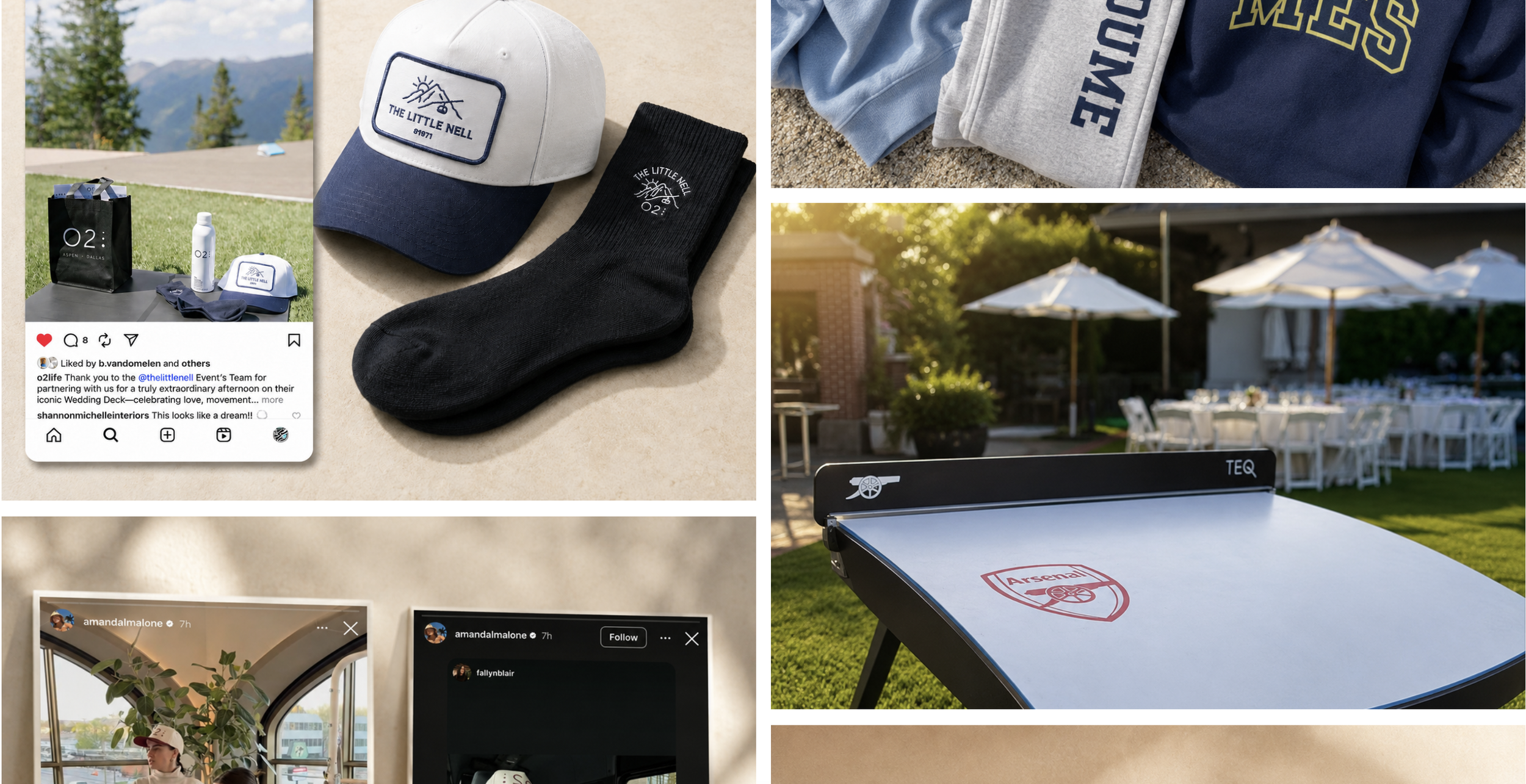 Collage of outdoor and indoor scenes featuring golf-related accessories, a ping-pong table with an Arsenal logo, and outdoor dining setup with umbrellas.