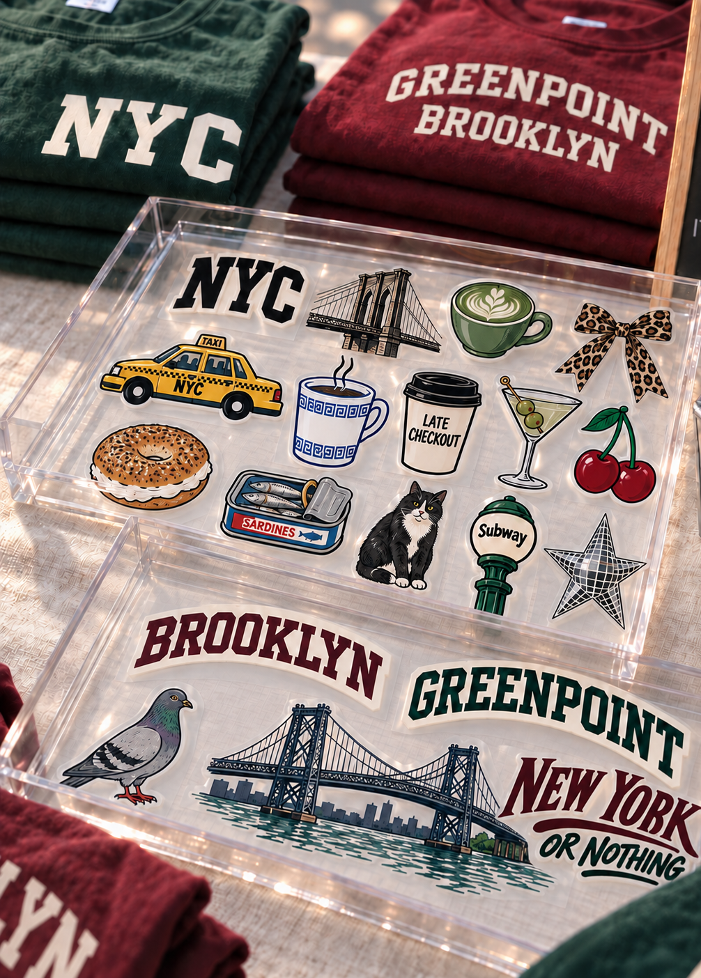 Clear plastic container with NYC-themed stickers, including a taxi, Brooklyn Bridge, coffee cup, late checkout coffee, cherries, and a cat; also stickers of a pigeon, subway sign, and city skyline with Brooklyn Bridge. In the background, folded shirts with "NYC" and "Greenpoint Brooklyn" text.