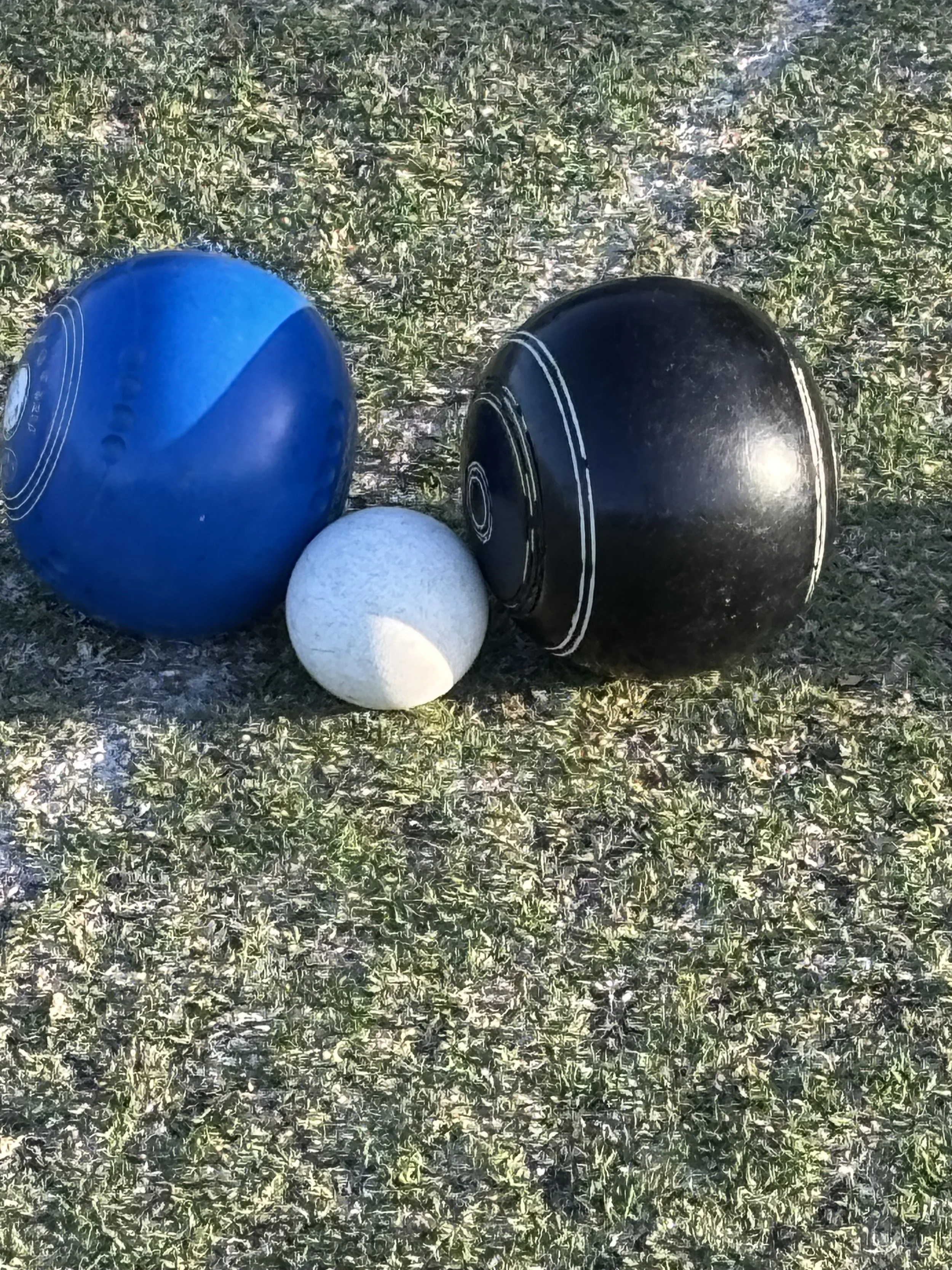 Two blue and black sports balls and one white ball on grass.