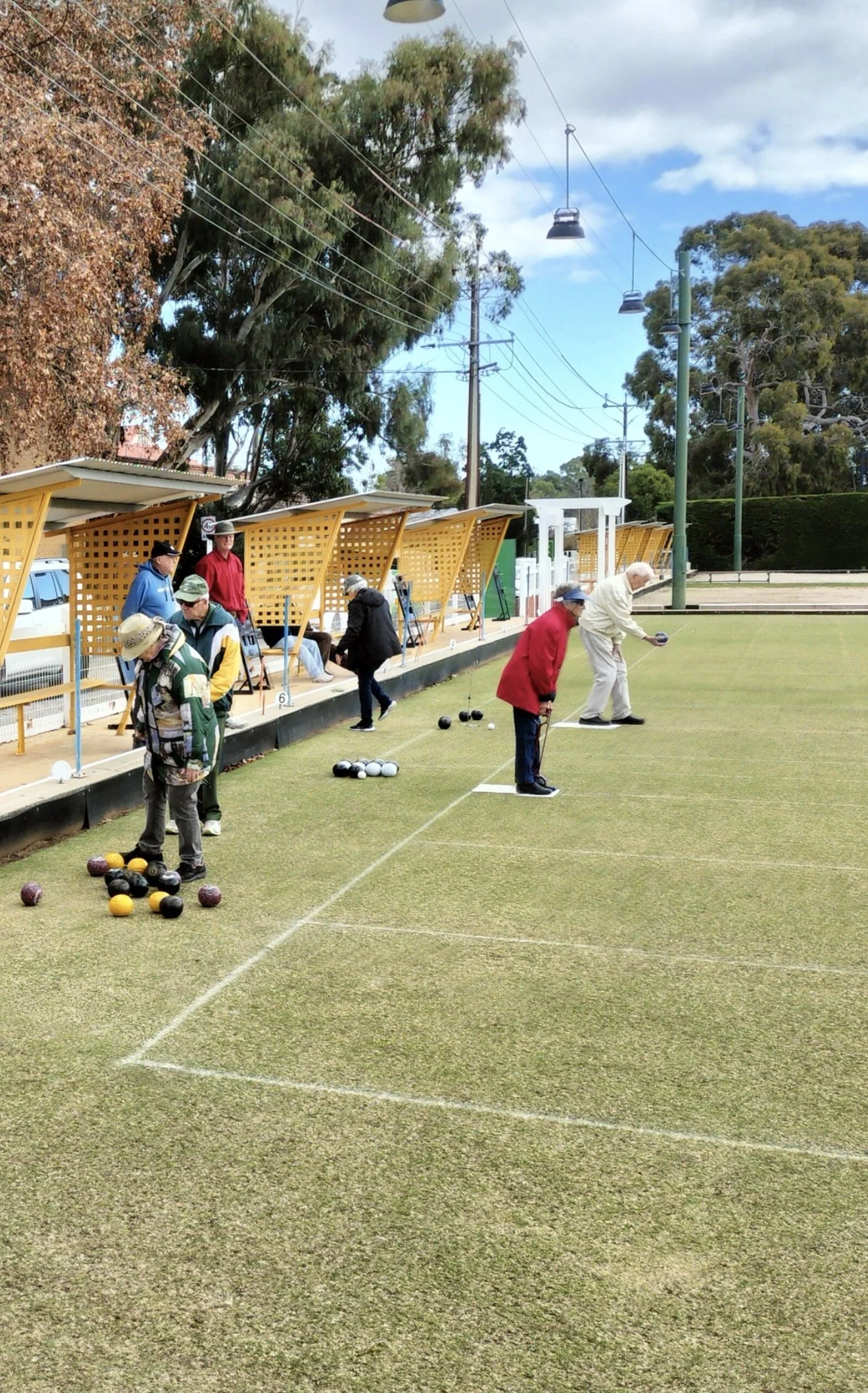 People playing lawn bowls on a grassy field with yellow and white shelters, trees, and overhead power lines in the background.