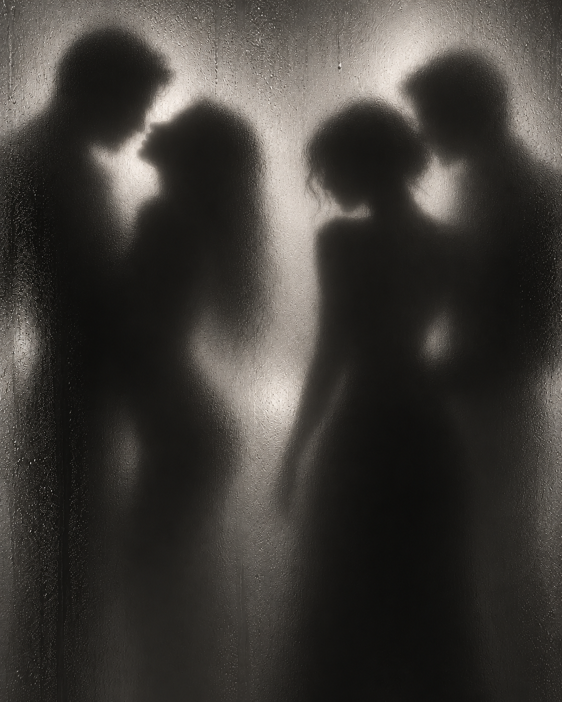 Silhouettes of four people behind a foggy glass surface, with water droplets on the glass, creating a blurred effect.