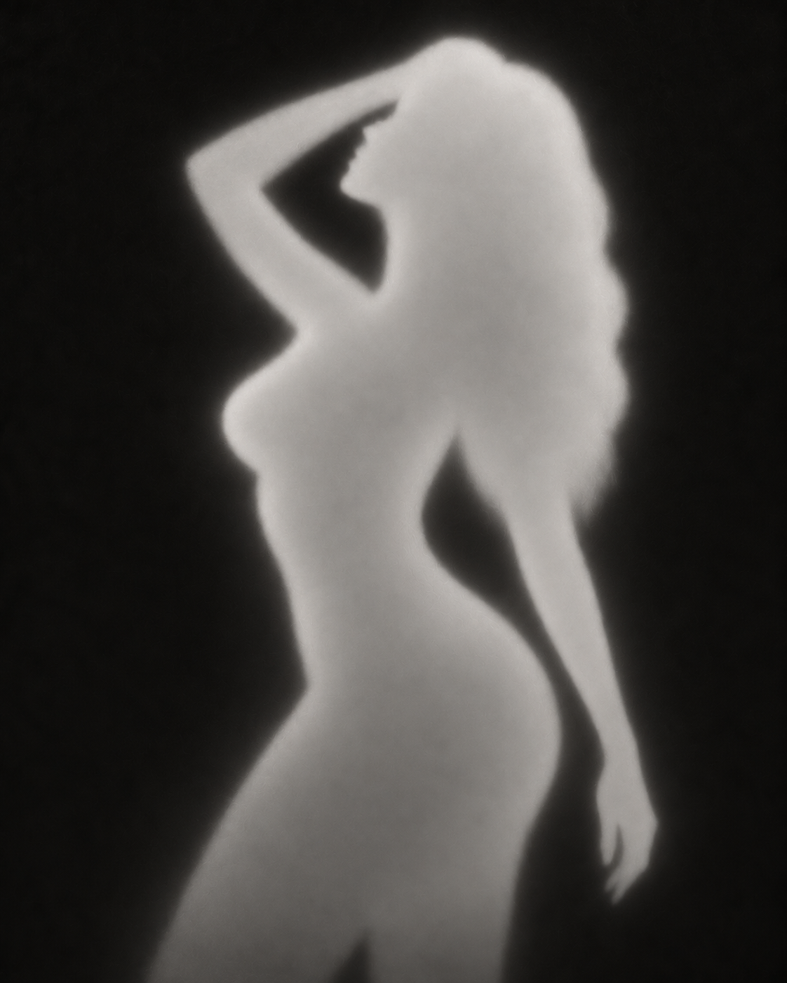 Silhouette of a woman with one hand on her forehead and one hanging down, with a black background.