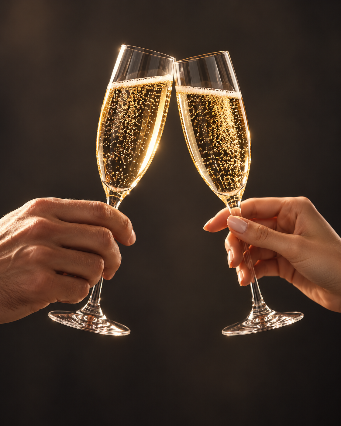 Two hands holding champagne glasses filled with sparkling champagne and clinking together against a dark background.