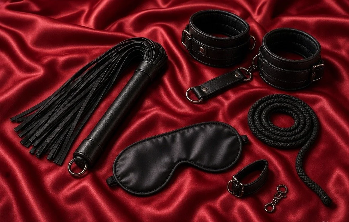 Collection of BDSM accessories including a leather flogger, handcuffs, a collar, a blindfold, a leash, a rope, and a wrist strap, all arranged on red satin fabric.