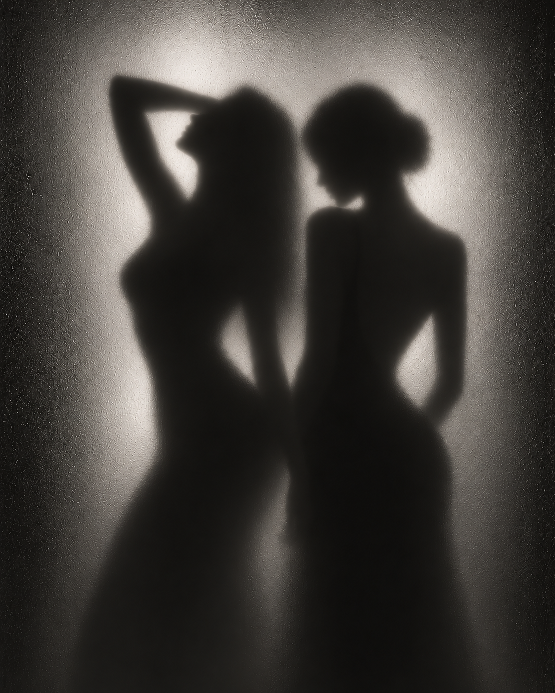 Silhouettes of two women behind a textured glass surface, creating a shadow effect.