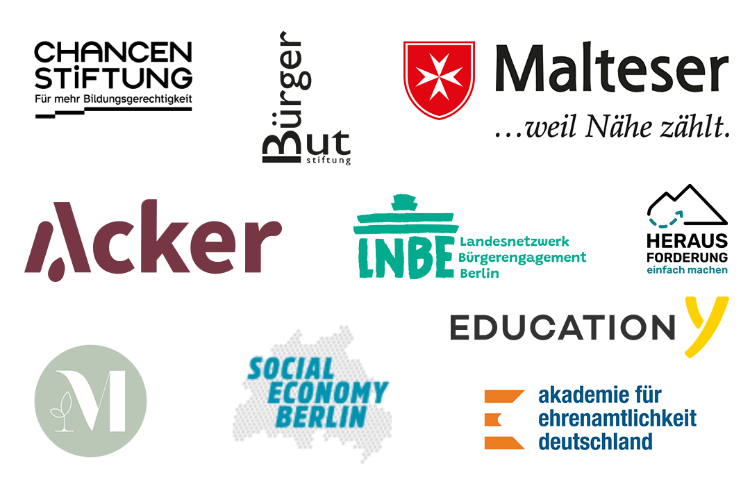 Sammlung verschiedener logos von Organisationen und Institutionen, wie Chancen Stiftung, Malteser, Acker, INBE, Social Economy Berlin, Bildung, und andere, die soziale, bildungsbezogene und gemeinnützige Themen repräsentieren.