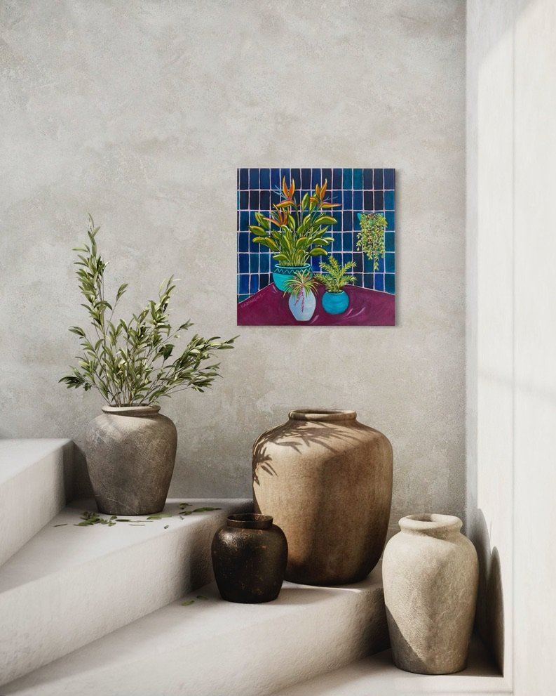 Painting of potted plants on a purple table against a blue tiled wall, displayed with stone vessels. View Kaz Hughes on Instagram