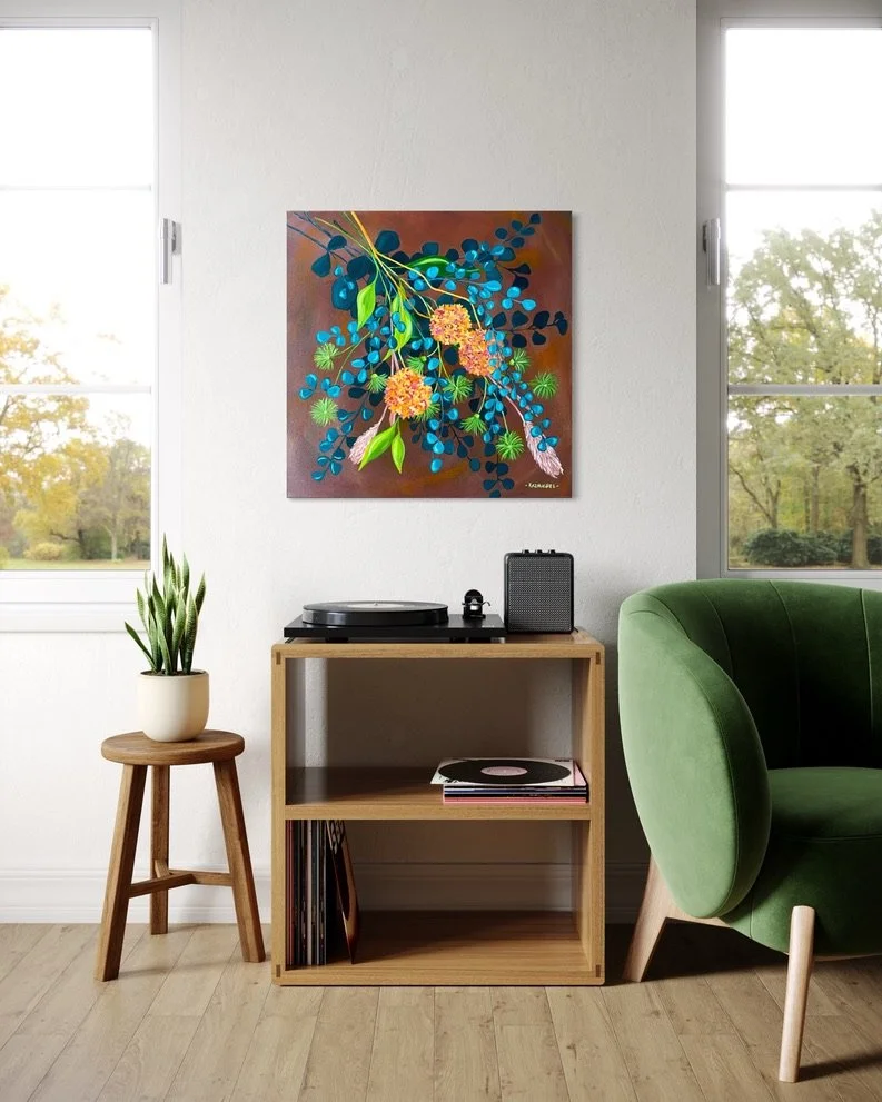 Gallery wall with colorful floral artwork, small wooden console with record player, books, and a speaker, green armchair, potted plant on wooden stool, bright natural light through large windows, simple modern interior design.