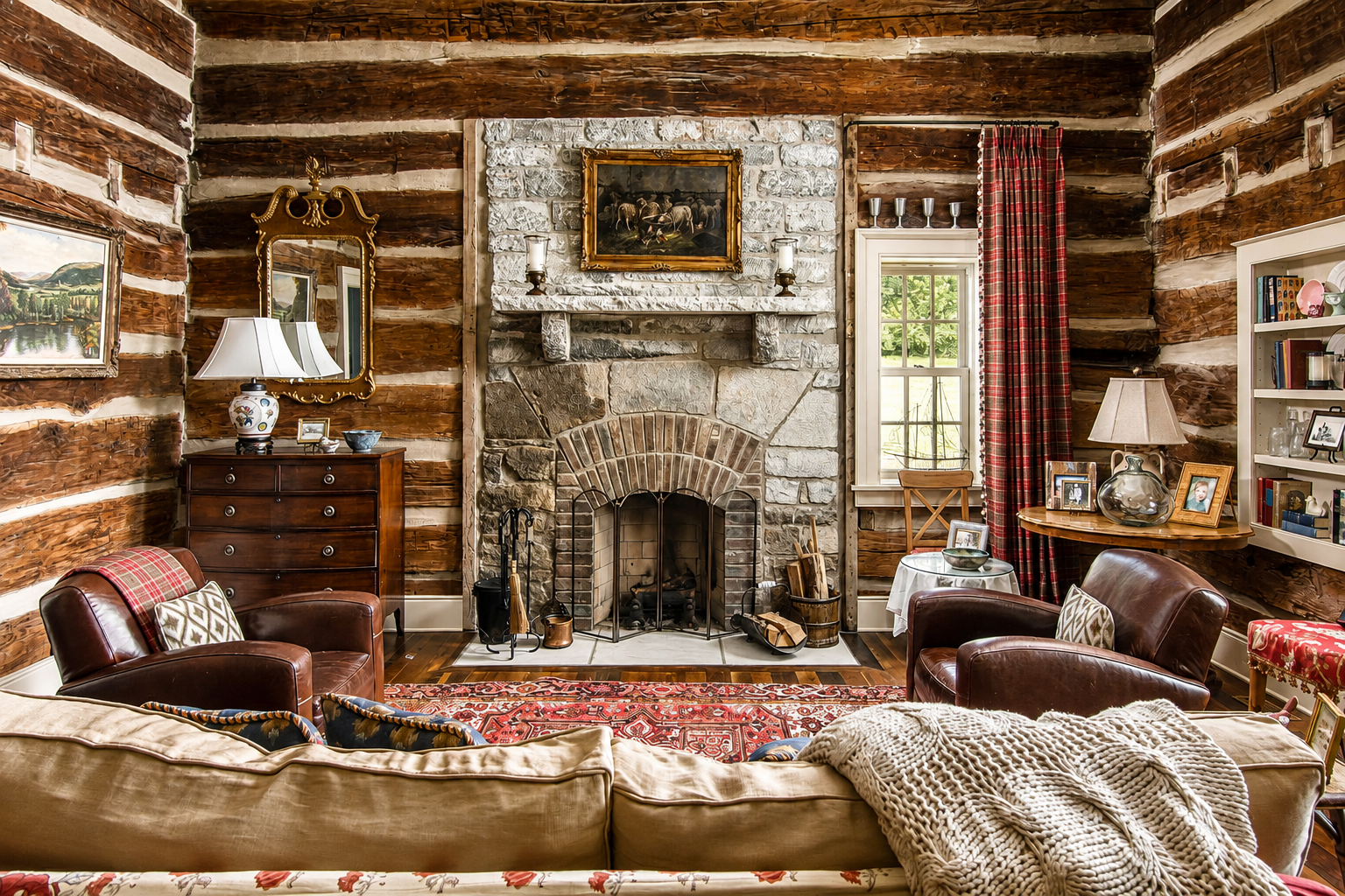 Living room with a stone fireplace, two leather armchairs, a wooden dresser with a lamp, a table with a lamp and photo frames, and a bookshelf filled with books and decorations. The room has wood-paneled walls, patterned curtains, and a red rug.