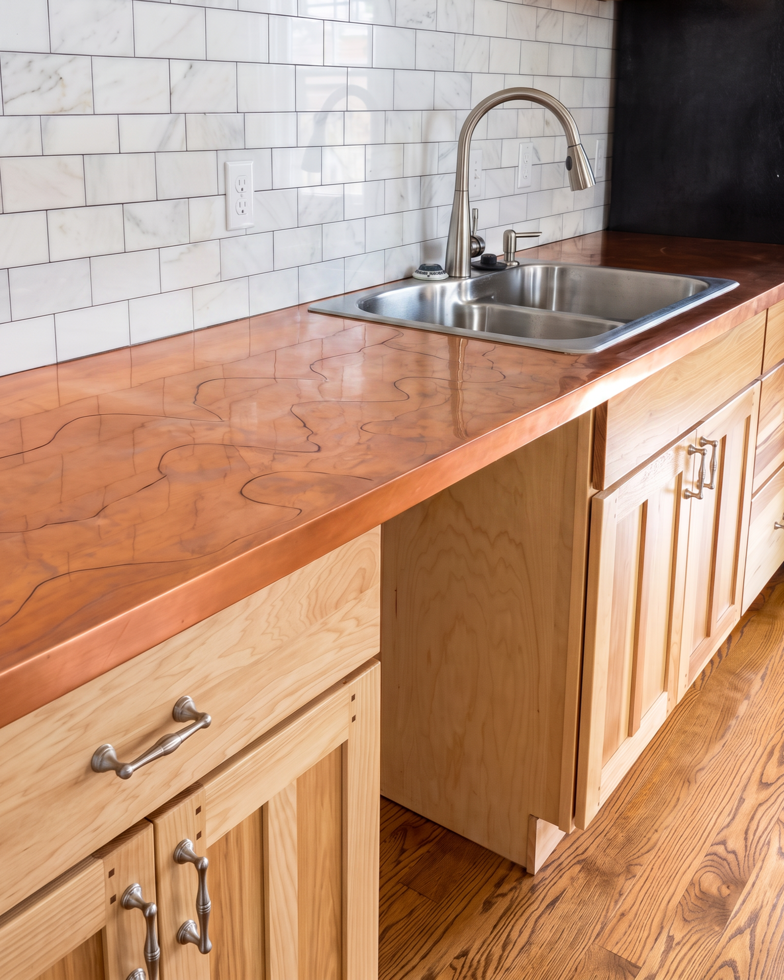 A kitchen with a wooden cabinet and a stainless steel sink, a modern gooseneck faucet, and a black chalkboard wall in the background. White tiled backsplash on the wall.