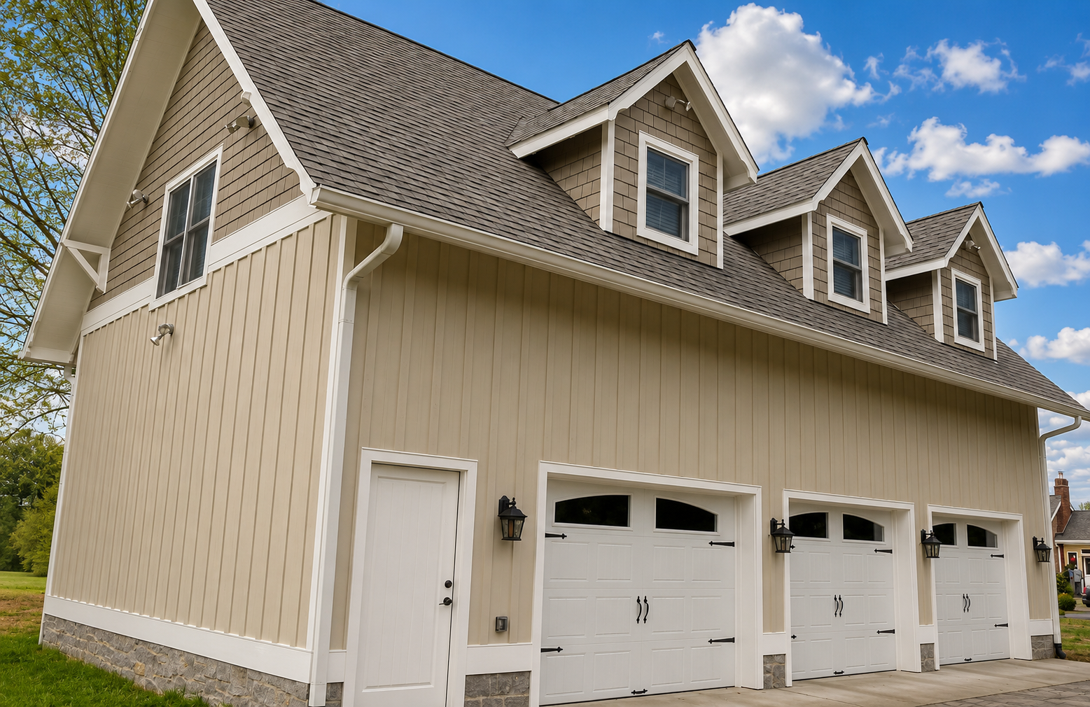 A large, modern garage with four white doors, beige siding, and small upper windows, under a steep gray shingled roof, against a blue sky with clouds.