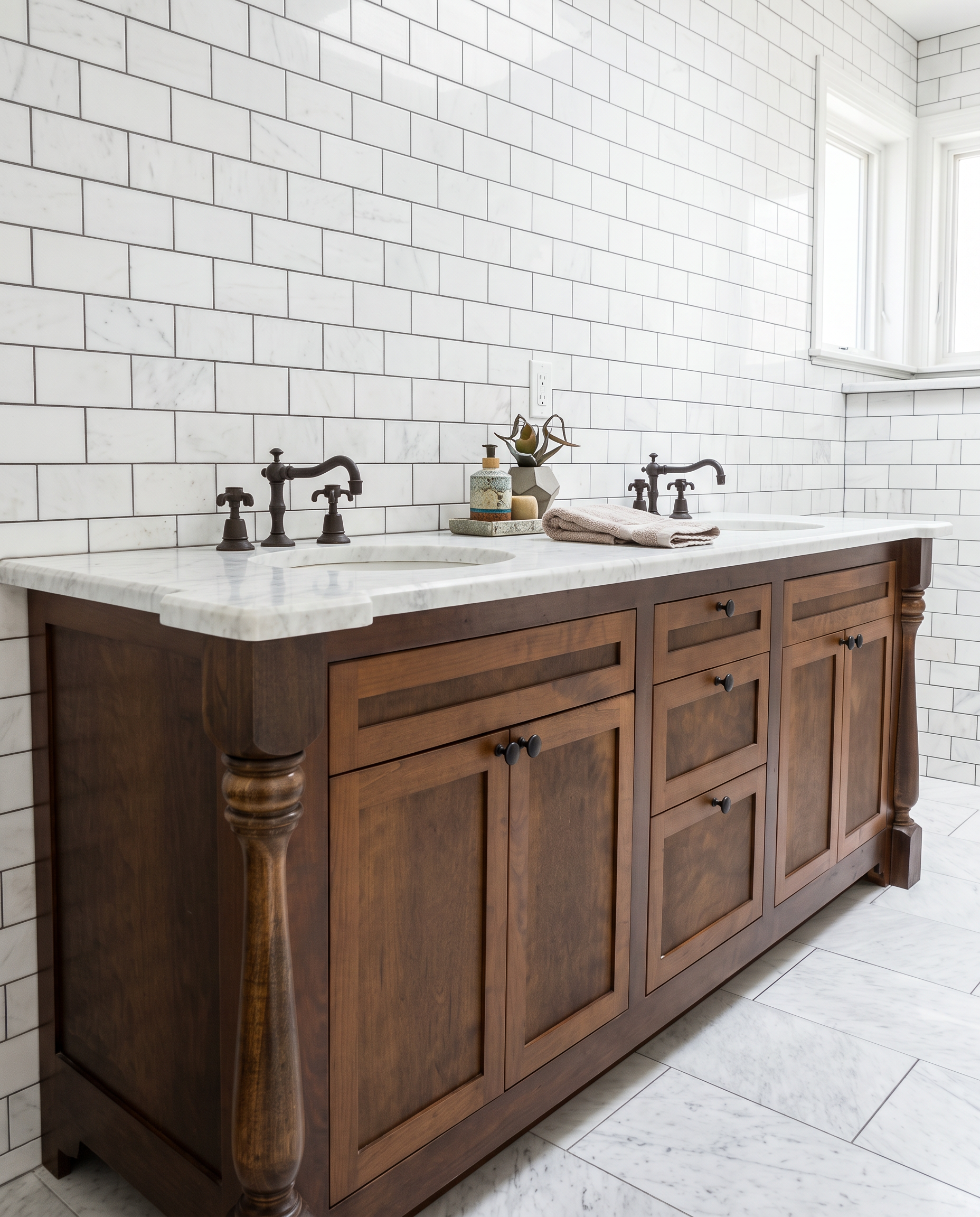 Kitchen vanity with white marble countertop, dark wood cabinet, black faucet, decorative items, and a window with sunlight.