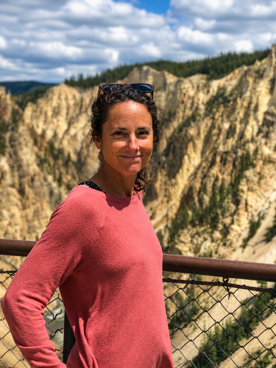 A woman in a pink long-sleeve shirt standing on a mountain overlook with a scenic canyon and forested hills in the background.