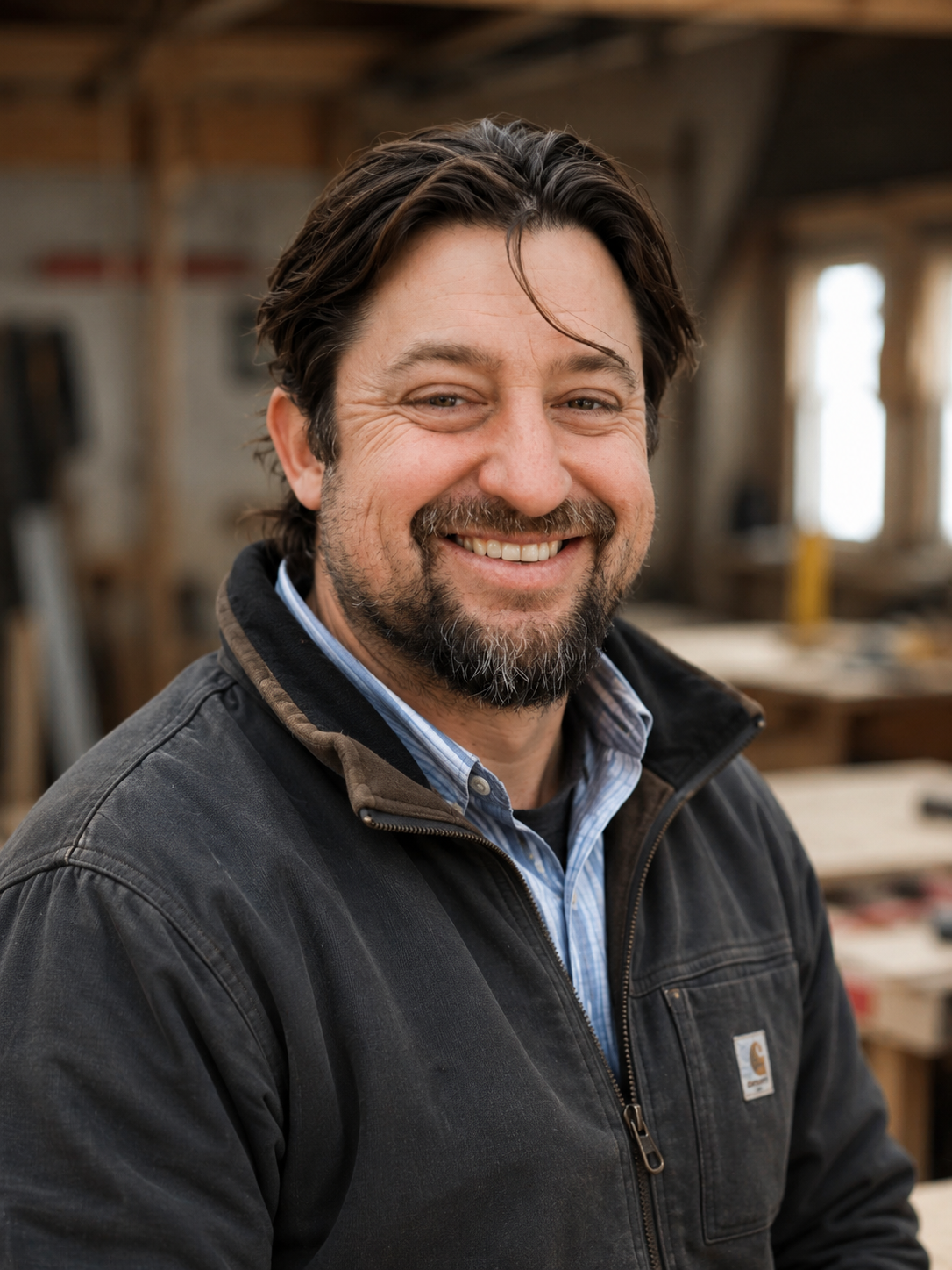 A smiling man with dark hair and a beard, wearing a black Carhartt jacket and a blue shirt, standing in a woodworking shop with wooden workbenches and tools in the background.