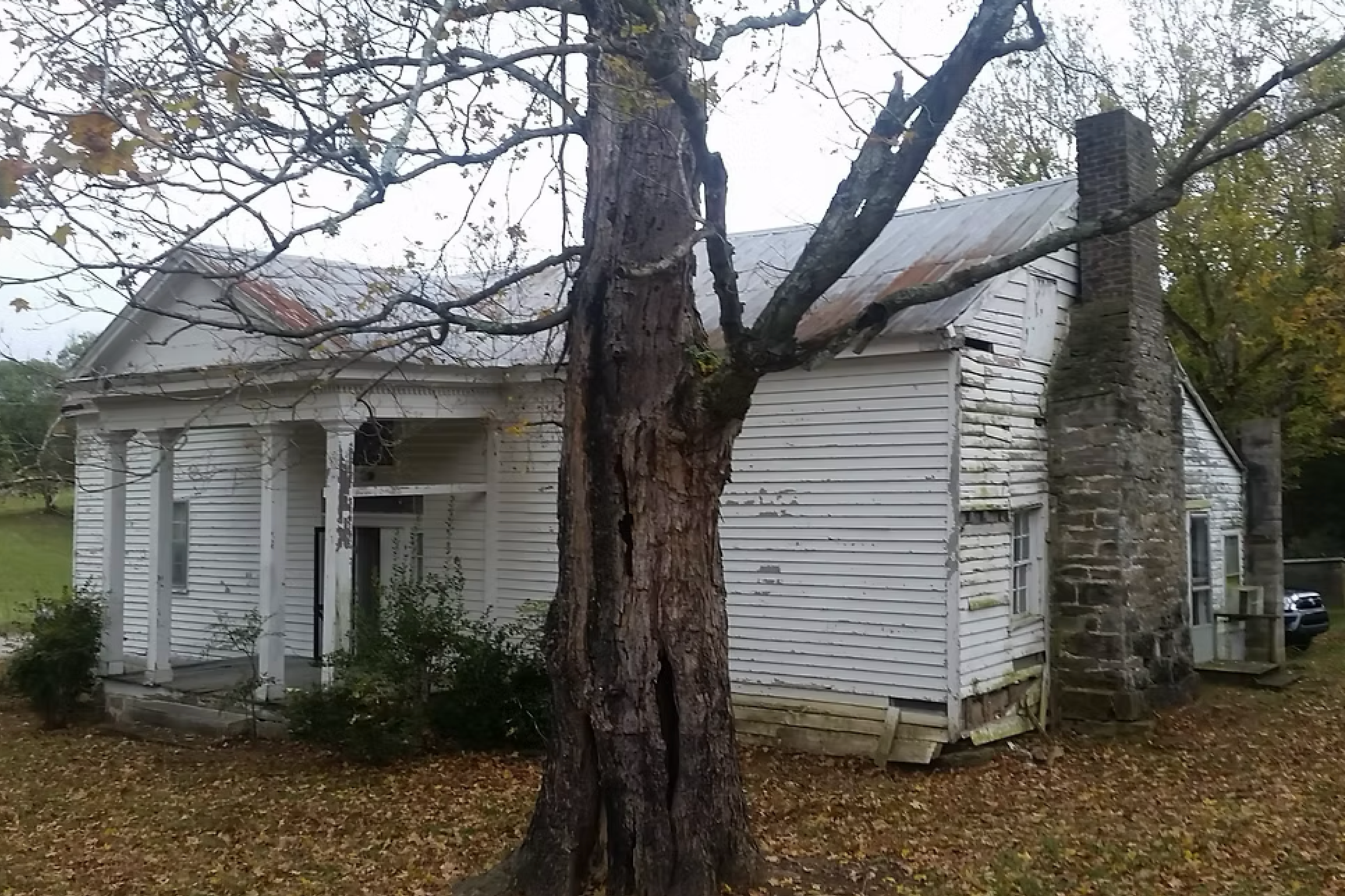 A house with damaged white siding, a brick chimney, and a large tree in front. The tree's branches extend over the house, and there are fallen leaves on the ground.