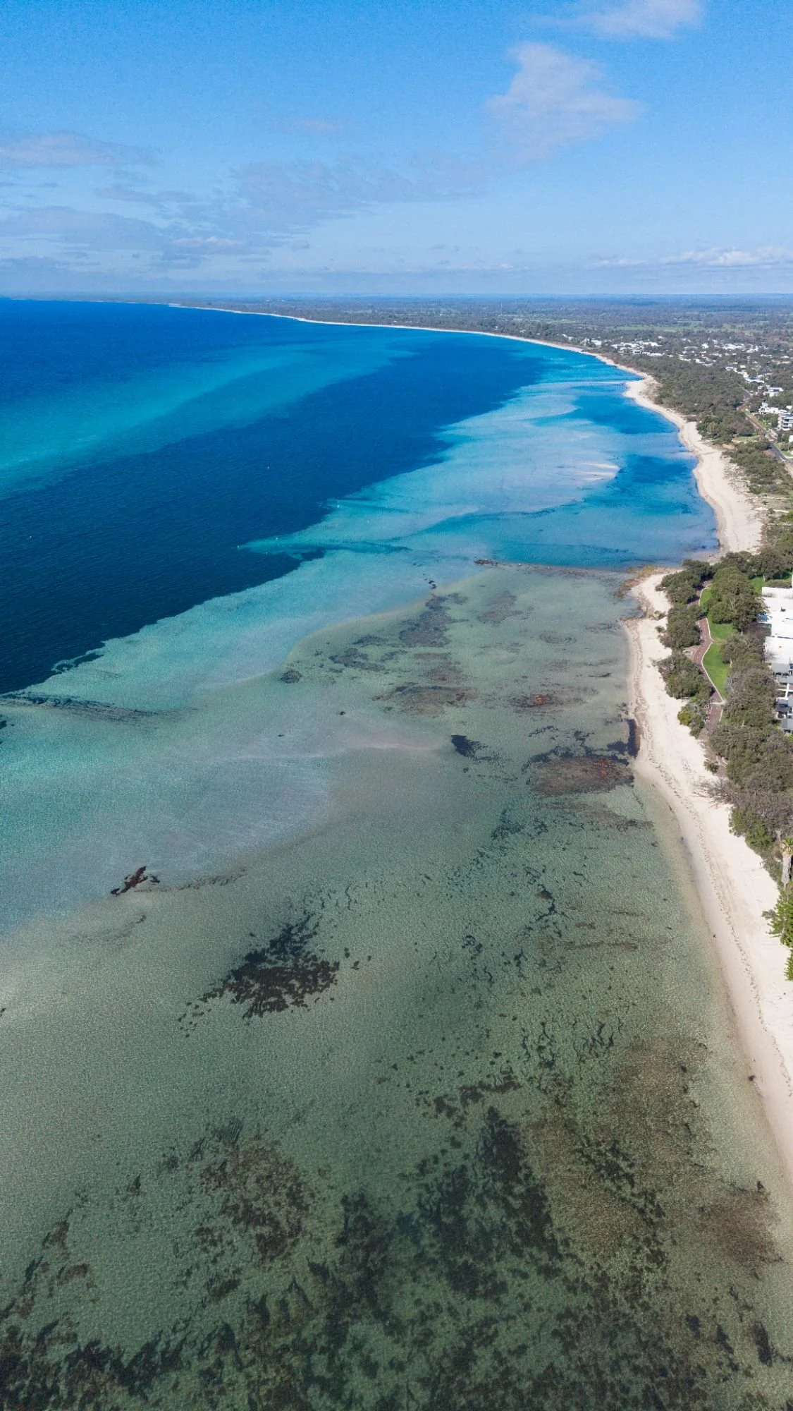 Aerial view of the Dunsborough coastline and Geographe Bay.