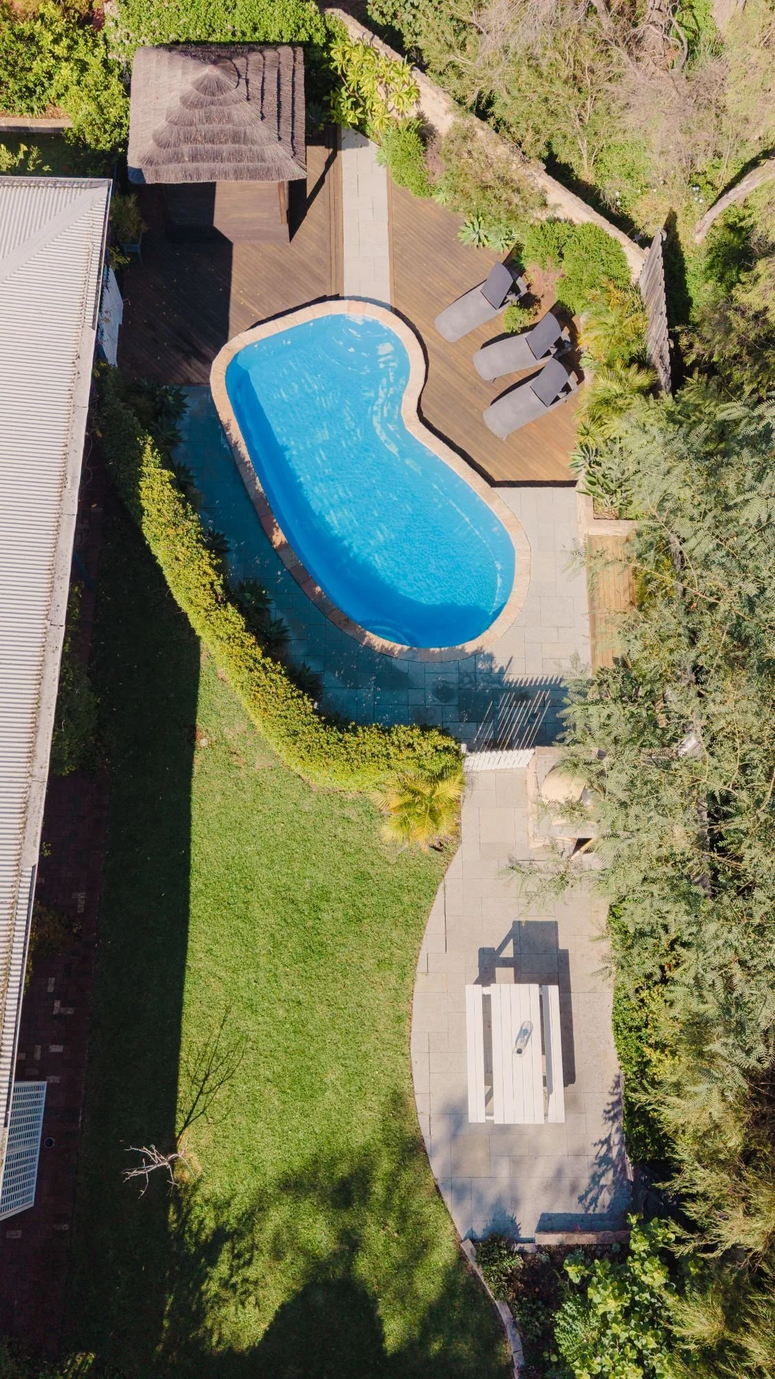 An aerial view of the Lanterns Retreat backyard with swimming pool, surrounded by green trees, a wooden deck with lounge chairs.