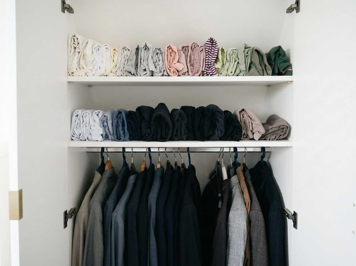 Organized closet with folded towels on shelves and jackets on a rail