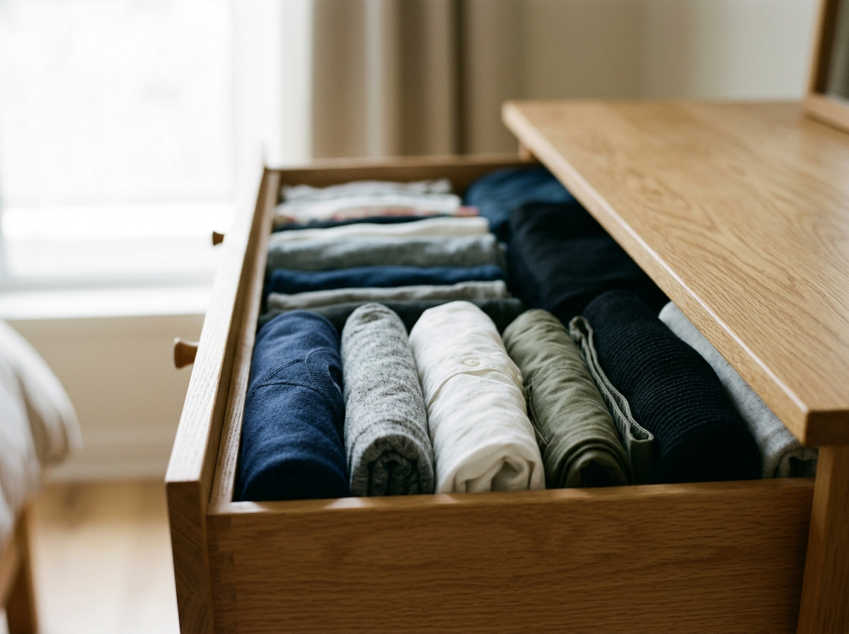 Dresser drawer with neatly folded clothes