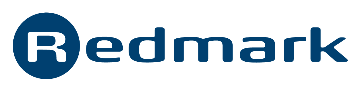 Logo med teksten 'Redmark' og en blå cirkel med et hvidt R i midten.