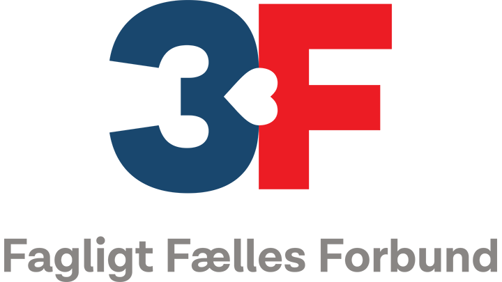 Logo med teksten '3F' og et hjerte mellem tallene, og under står der 'Fagligt Fælles Forbund'.