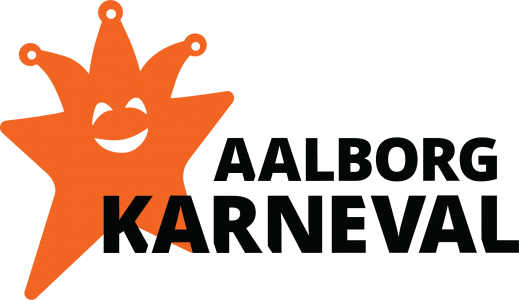 Logo for Aalborg Karneval med en glad orange jester-hat og tekst.