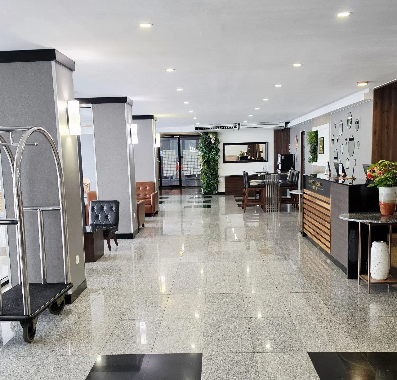 Hotel lobby with seating areas, reception desk, decorative plants, and a glass entrance door.