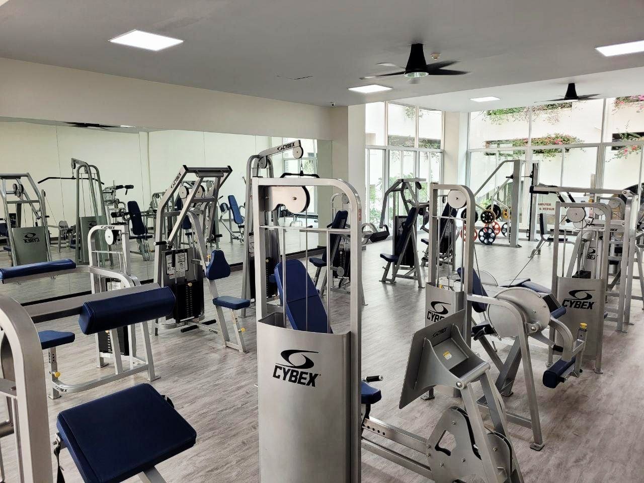 Empty gym with various exercise machines and weights, large windows letting in natural light, and mirrors along the wall.