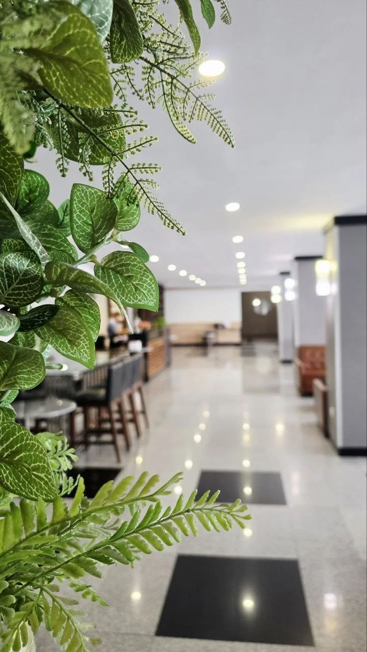Indoor lobby or reception area with potted plants in the foreground, chairs, and tables along the wall, with a long corridor and ceiling lights in the background.