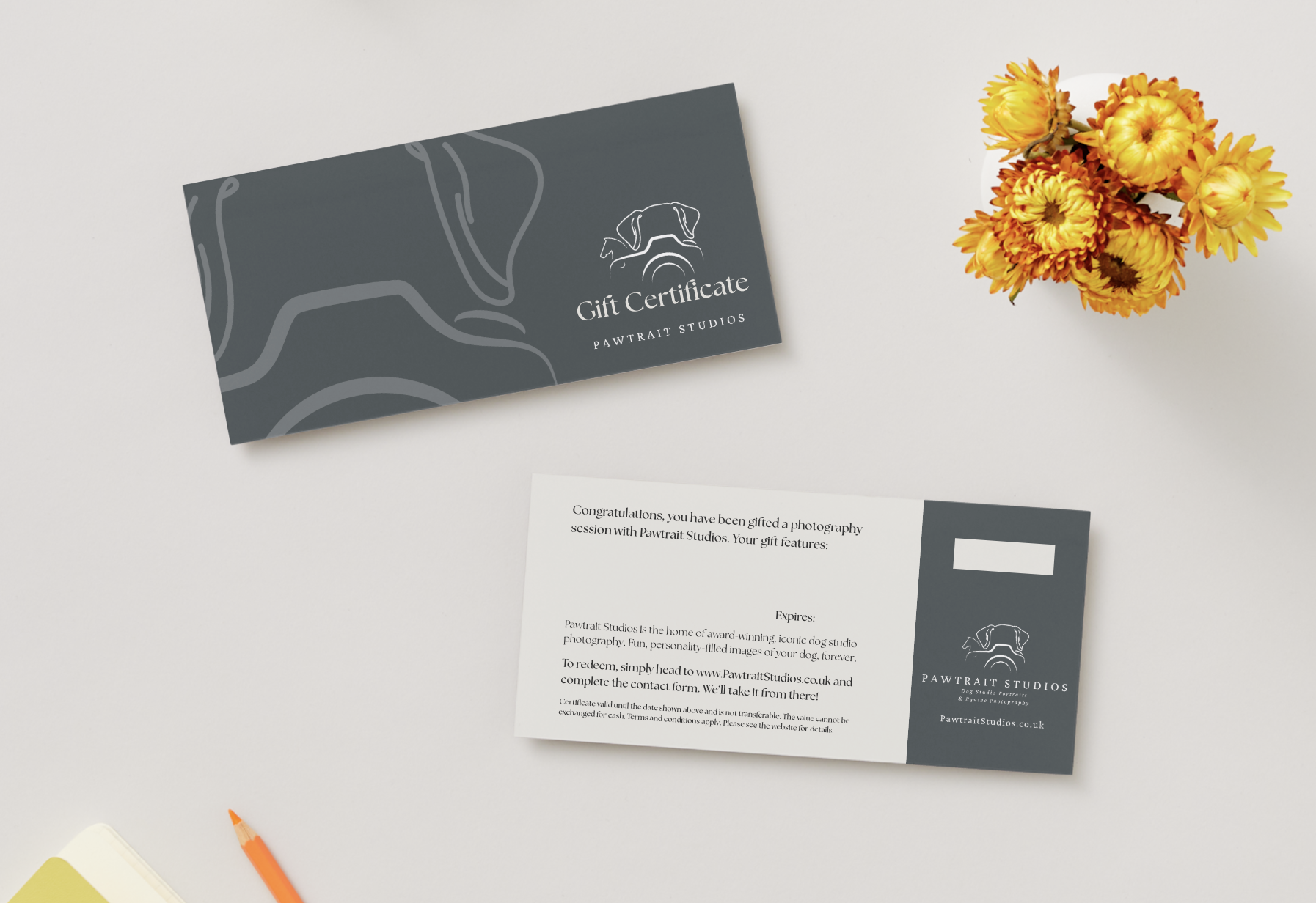 Gift certificate from Pawtrait Studios with a black background and a dog outline logo.