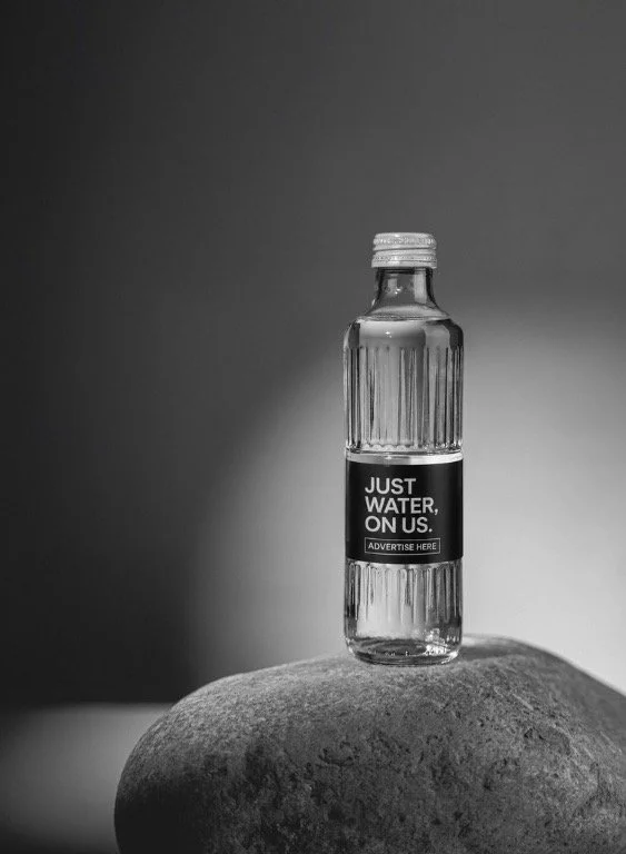 A small glass bottle of water with a label that reads "Just Water, On Us" and an area below for advertising, placed on a rock in black and white photography.