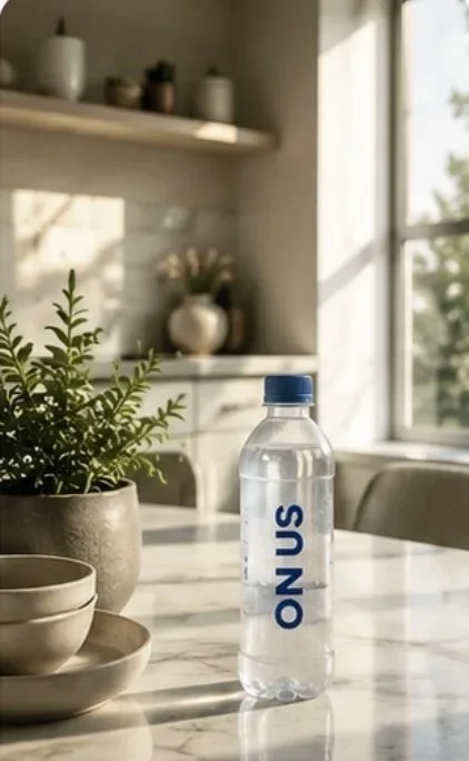 A clear plastic water bottle with a blue cap and the word "ON US" printed vertically on it, placed on a marble table in a bright, modern kitchen with plants and decorative items in the background.
