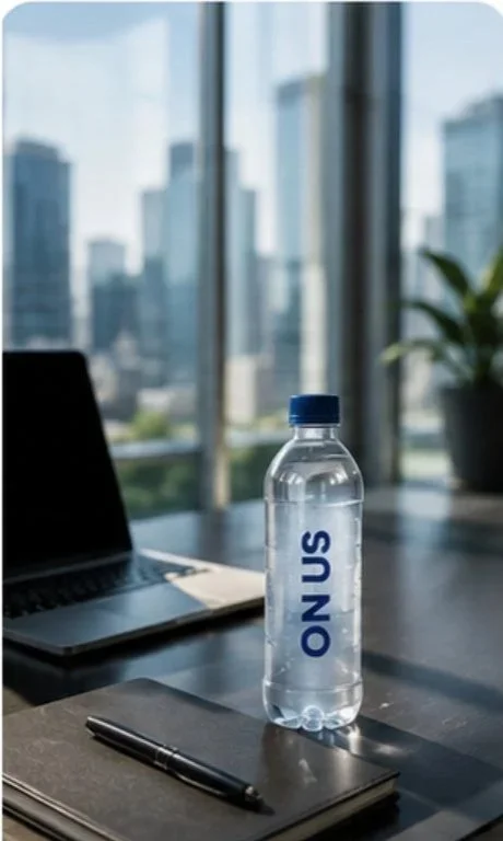 A clear plastic water bottle labeled 'ON US' placed on a desk next to a black notebook and a black pen, with an open laptop and a large window showing city buildings in the background.