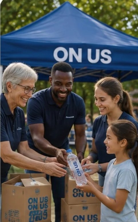 Group of volunteers at a community event, handing a water bottle to a young girl, with a blue tent in the background that says 'ON US'.