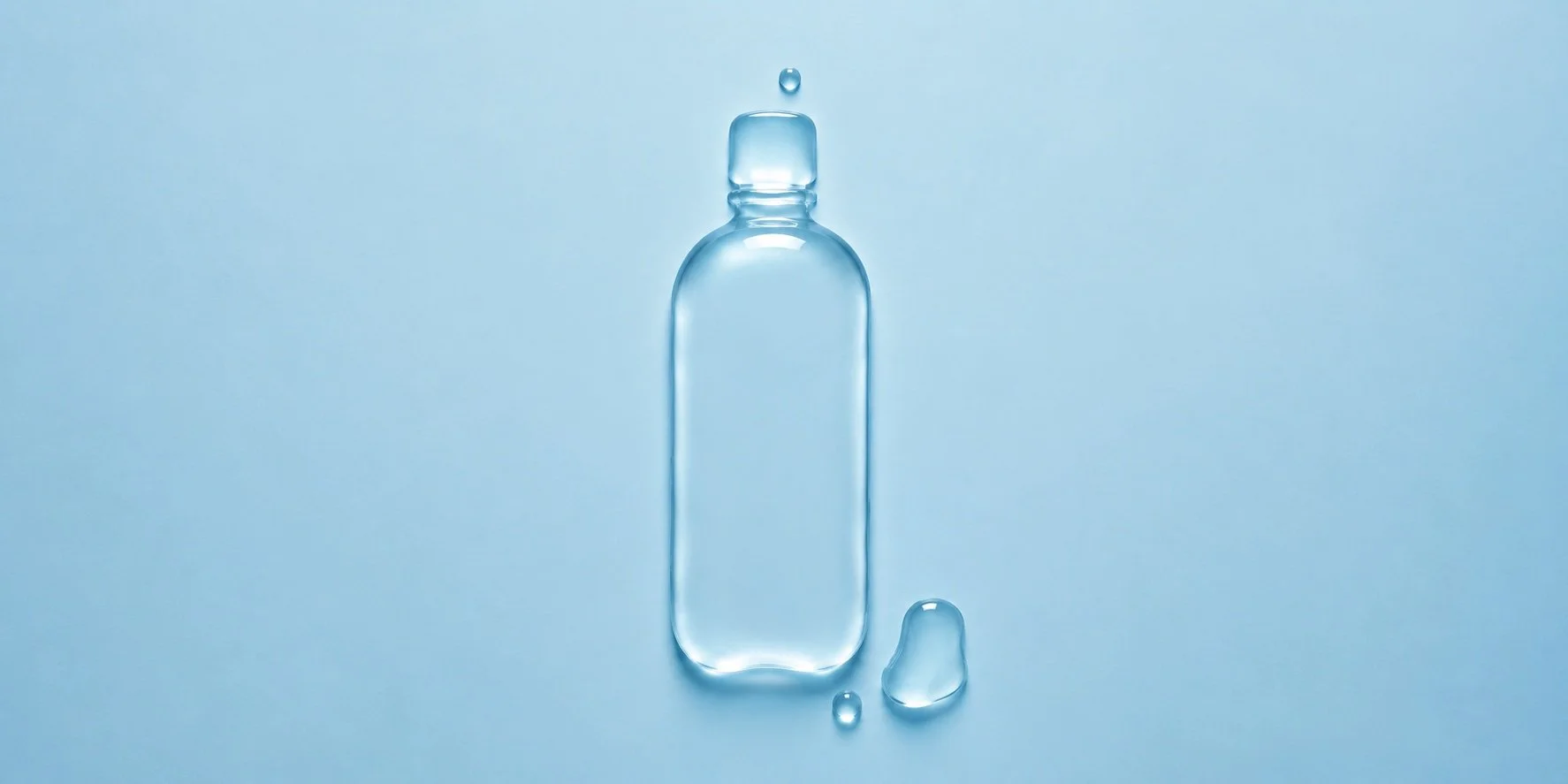 A clear plastic water bottle with a cap and a few water droplets on a light blue background.