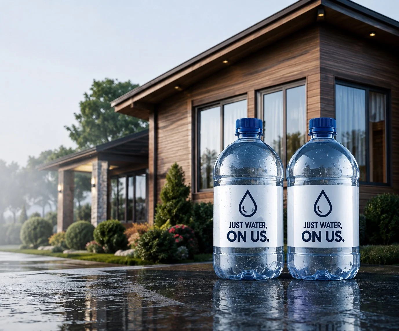 Two bottles of bottled water with labels reading 'Just Water, On Us' placed on a wet driveway in front of a modern wooden house with large windows and landscaped bushes.