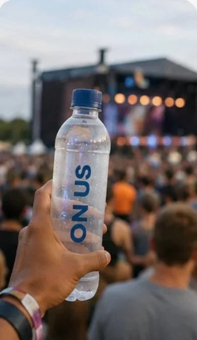 A clear plastic water bottle labeled 'ON US' held in front of an outdoor concert crowd and stage with colorful lights.