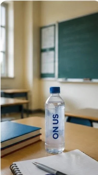 A classroom with a water bottle labeled "ON US" on a wooden desk, notebooks, a pen, and a chalkboard in the background.