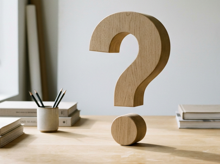 A large wooden question mark sculpture on a light wooden desk, with a white wall and stacks of books and a pencil holder in the background.